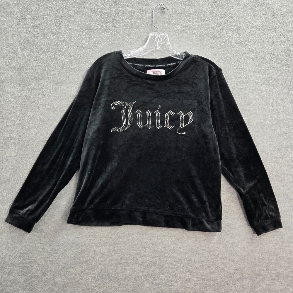 Juicy Courture Women Sweatshirt Medium Black Velour Logo Rhinestones Bling